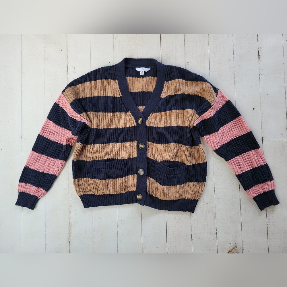 Time and Tru Boxy Striped Cardigan Sweater Midweight Medium 8 - 10 Navy Tan Pink